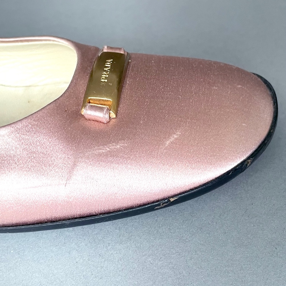 PRADA pink satin ballet flats w/ gold color buckle engraved with PRADA - Picture 4 of 14